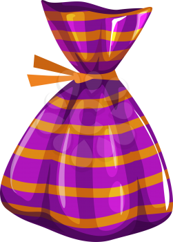 Chocolate candy in glossy paper wrapping isolated Halloween food dessert. Vector confectionery snack, gourmet cocoa dessert wrapped in orange and purple foil. Birthday party or wedding treat