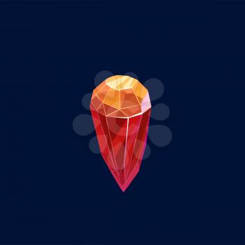 Magic crystal vector icon, rock, gem stone of red and orange color, isolated gemstone. Precious or semiprecious organic raw mineral stalagmite, jewelry for ui cartoon sign