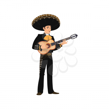 Carnival musician Mariachi playing guitar isolated. Vector spanish guitarist latino street player in national black costume and sombrero hat with string musical instrument. Latino music band mariachi