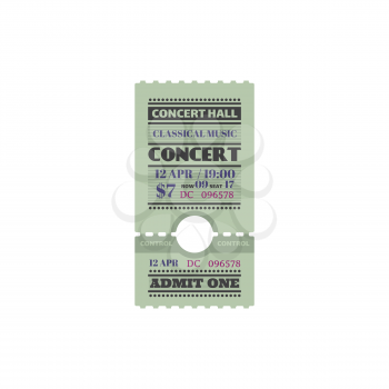 Retro ticket invitation on orchestra symphony, live music on stage at concert hall isolated card template. Vector entry ticket to world famous music show, admit one access to musical performance