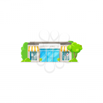 Womens clothing store isolated shop exterior flat cartoon design. Vector bright colorful facade, fashion showroom or luxury mini store to buy dresses. Boutique or mall building storefront with trees