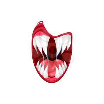Monster mouth vector icon, cartoon creepy yelling alien jaws with saliva dripping from long sharp teeth and red tongue, devil mouth isolated on white background