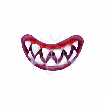 Monster mouth vector icon, creepy jaws smile with sharp white teeth and dripping saliva. Cartoon smiling Halloween creature isolated on white background