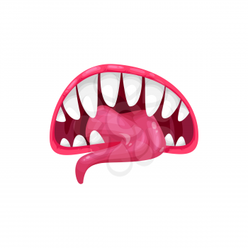 Monster mouth vector icon, creepy yelling beast jaws with sharp teeth with splashing saliva and long tongue. Angry creature roar maw isolated on white background