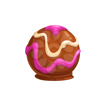 Chocolate candy vector icon. Sweet choco dessert in shape of ball with praline, nuts or cocoa, pink and white topping. Dark, milk or bitter chocolate, candy patisserie cartoon sign