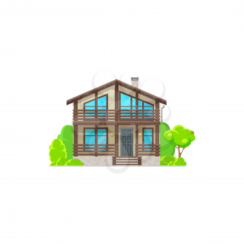 Modern house with windows, wooden chalet or villa flat cartoon icon. Vector real estate building on rent or sale. Facade of modern home, planted trees. Contemporary rural chalet country house
