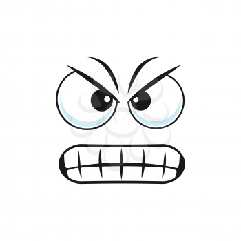 Angry smiley grumpy sullen emoji, ireful or rageful smiley facial expression isolated icon. Vector wrathy sad emoticon with unkind vicious smile, bad character. Wicked emoticon with toothed smile