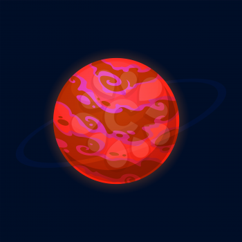 Red fiery planet isolated fantasy alien galaxy universe cartoon icon. Vector imaginary planet ui or gui game design, abstract round globe, funny kids or children cosmic planet, martians world