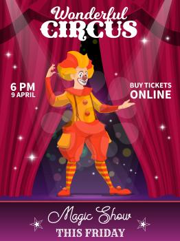 Shapito circus poster, cartoon clown character. Vector flyer with jester performing magic show on stage with curtains and spotlights. Artist performer on big top arena. Funster in bright costume