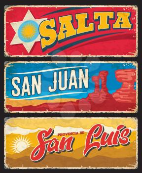 Salta, San Juan and San Luis provinces Argentine regions vector plates with coat of arms, Ischigualasto park mountains and sun. Argentina province, South America country region shabby plate