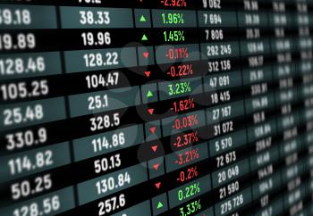 Stock exchange board, market index graphs and charts, vector background. Stock exchange board prices on screen display, tickers, financial data numbers and electronic trade rates