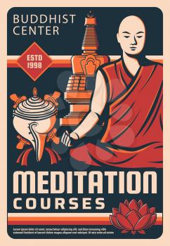 Buddhism religion meditation courses poster. Meditation buddhist monk, vector Shankha conch shell and temple stupa, lotus flower. Spiritual healing, meditation practices school banner