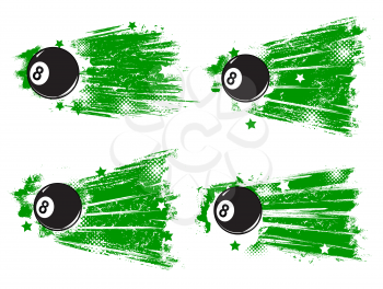 Pool billiard game grunge banners. Cartoon vector black eight-ball, green paint brushstrokes or traces, grungy background with stars vintage halftone effect. Cue sports championship retro banners