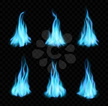 Natural gas burning blue flames, bonfire, realistic fire with long tongues. Vector blaze 3d effect, glowing shining flare design elements, magic inferno ignition set isolated on black background