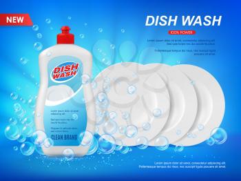 Detergent dishware cleaner with plates and bubbles. Dish wash vector ad background with soap and clean white dishes shining. Dishwashing liquid advertising poster template, realistic 3d promo design