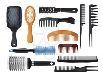 Hairbrushes and combs realistic vector set. Isolated hair brushes, barber and hairdresser tools. Plastic, metal and wooden hair care or hairstyle salon accessories, 3d paddle and round hairbrushes