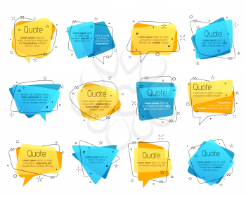 Quote frames, vector speech bubble comment boxes for texting and messages. Colored blank templates for text info. Quotation symbols with inverted commas, isolated elements set on white background