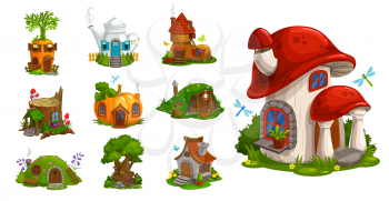 Gnome houses vector icons, cartoon fantasy building made of plants, vegetables and trees with green leaves. Fairy, gnome or elf cute homes in pumpkin, mushroom, carrot, stump and pot isolated set