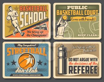 Basketball league tournament, streetball sport championship vintage posters. Vector basketball school and public game court, fan club team player and motivation quote, street sport victory stars