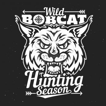 Hunting club badge, wild bobcat hunt t-shirt print template. Vector hunting season lynx animal with fangs and hunter crossbow arrow, hunt trophy and sport society poster