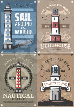 Nautical lighthouse, seafarer marine adventure and sailing heritage vintage posters. Vector retro ocean or sea beacon on shore with light beams and seagulls in blue waves in ship chain