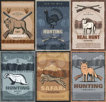 Hunting season, African safari hunt vintage posters of wild animals and hunter ammo. Vector hunt club trophy buffalo, grouse fowl and cheetah, wolf or fox and badger, forest and mountain hunt rifles