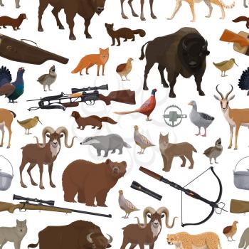 Hunting animals, birds, hunter guns and sport equipment seamless pattern. Vector background of bear, african jaguar and antelope, rifle, fox and shotgun, trap, bison and wolf, quail, pheasant and lynx