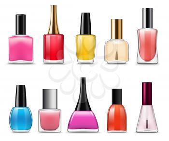 Nail polish bottles with colorful nail varnish and enamel 3d vector template. Lacquer glass containers of manicure and pedicure cosmetics, protection and decoration of fingernails and toenails theme