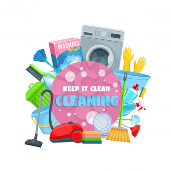 House cleaning tools, detergents and household equipment vector icon of cleaning service and housework design. Broom, spray and sponge, vacuum, bucket and mop, soap, washing machine, gloves and brush