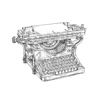 Typewriter sketch of vintage writing machine. Vector mechanical desktop typewriter with paper sheet and old keyboard. Retro design of author, journalist or secretary equipment