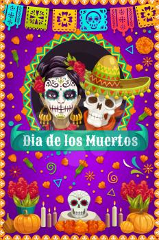 Day of the Dead skulls and death Catrina vector design of Mexican Dia de los Muertos. Sugar skulls and skeletons with marigold flowers, music festival flags and sombrero, altar with candles, pumpkins