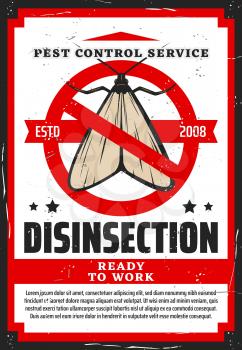 Moth in red warning sign vector design of pest control and house disinfection service. Insect of clothing moth with stop or prohibition symbol retro poster