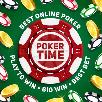 Poker chips of casino gambling games vector design. Plastic chips with dice dots pattern and golden coins 3d poster, online casino games, sports betting or gaming industry themes