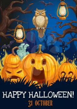 Horror pumpkins, bats and owl, Halloween greeting card vector design. Spooky lanterns hanging on creepy trees of graveyard and haunted house, tombstone with zombie hand and fear monsters