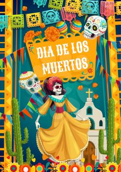 Day of Dead, Dia de los Muertos fiesta, catrina calavera woman in Mexican costume dress dancing at church. Vector Day of Dead, Mexico party celebration, pecked paper flags and Mexican pattern skulls