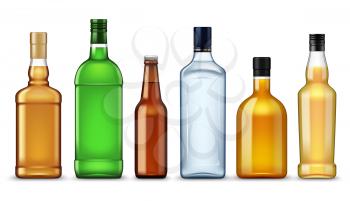 Alcohol drinks bottles, realistic 3d mockup templates, Vector isolated vodka or tequila, whiskey and cognac, vermouth and absinthe, liquor or bourbon and beer bottles, premium brands beverages