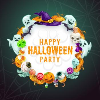 Halloween night party holiday ghosts and monsters in spider web. Vector Halloween trick or treat zombie eye candies, pumpkin lantern candles and dead hand with witch hat and skull potion