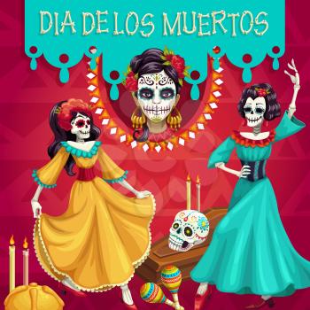 Day of the Dead, Dia de Los Muertos party with dancing women skeletons. Vector tomb and skull, burning candles and ladies in Frida apparel with marigold flowers. Mexican holiday of gone people