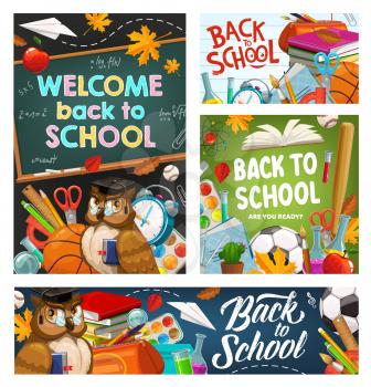 Welcome back to school or college invitations, stationery items and wise owl. Bird in teacher glasses, educational supplies and chalkboards. Start of studying, textbooks and pencils, balls and flasks