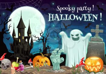Halloween spooky party on graveyard with castle. Vector scary night with ghost and zombie hand, RIP on gravestone, bats in sky at moonlight. Skull and potion, pumpkins or jack-o-lanterns, fly-agaric