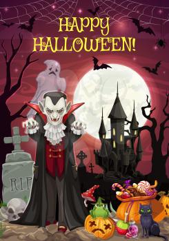 Happy Halloween lettering and Dracula on cemetery. Vector castle at moonlight, ghost and cross on gravestone, trees and skull. Jack-o-lantern, cat and bag of candies, potion and fly-agaric, cobweb