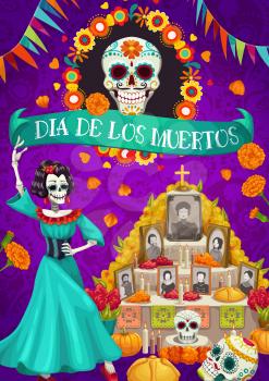 Dia de los Muertos Mexican national holiday and altar with photos of gone people. Vector skull in flower frame, candles and cards with dead. Catrina and garlands of flag, Day of Dead in Mexico
