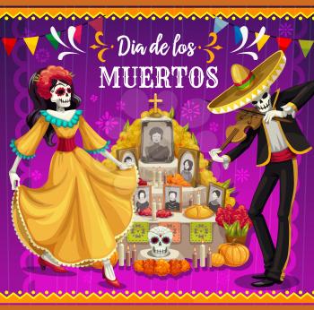 Day of the Dead altar with dancing skeletons vector design of Dia de los Muertos Mexican holiday. Catrina and mariachi skeletons with festival sombrero, costume and dress, tombstone and sugar skulls