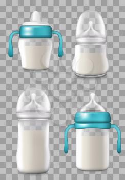 Bottles with milk with silicon or rubber pacifiers or plastic covers. Vector breastfeeding product or dairy drinks to feed newborn kids, baby milk bottles isolated. Kids food, sterile glass containers