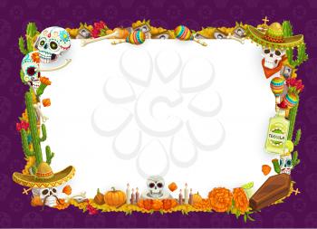 Day of Dead Mexican Dia de los Muertos holiday blank poster with calavera skulls and marigold flowers frame. Vector Day of Dead celebration, cactus tequila with candles, maracas and coffin