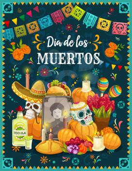 Dia de los Muertos altar with sugar skulls, Mexican Day of the Dead vector design. Tombstone, decorated with skulls in sombreros, maracas and marigold flowers, candles, sweet bun and Halloween pumpkin