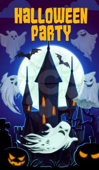 Halloween castle with lights in windows and full moon. Vector night of horrors, ghosts in white cloth, spooky Jack lanterns and gravestone with cross. Bats on moonlight, terrible pumpkins in darkness