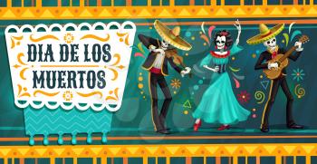 Day of the Dead Mexican fiesta party with dancing skeletons. Dia de los Muertos religion holiday vector skulls and Catrina playing guitar and dancing flamenco in mariachi sombrero, suits and dress