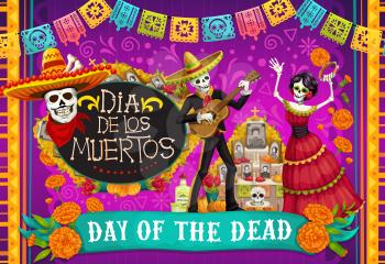 Day of Dead, Dia de los Muertos fiesta, skeleton in Mexican costumes and sombrero, play music and dance. Vector Dia de Los Muertos altar with marigold flowers and calavera skull