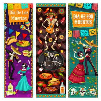 Dia de los Muertos, dancing with dead in Mexico, vector. Endless dance of life and death, man and woman skeletons, holiday symbols. Food and drinks, tequila and burritos, maracas and guitar, calavera